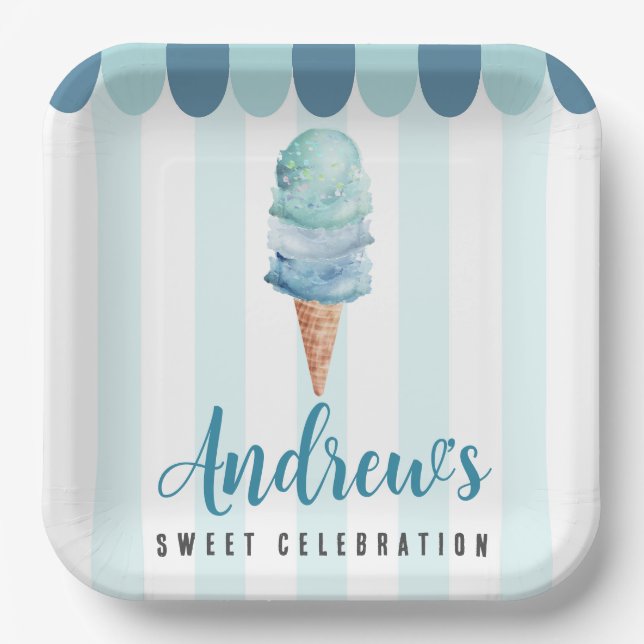 Blue Ice Cream Birthday Party Paper Plates (Front)