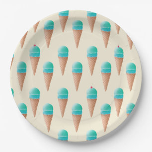 Blue Ice Cream Cone Pattern, Light Yellow Paper Plate