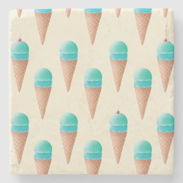 Blue Ice Cream Cone Pattern, Light Yellow Stone Coaster (Front)