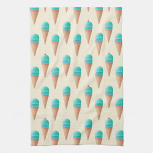 Blue Ice Cream Cone Pattern, Light Yellow Tea Towel