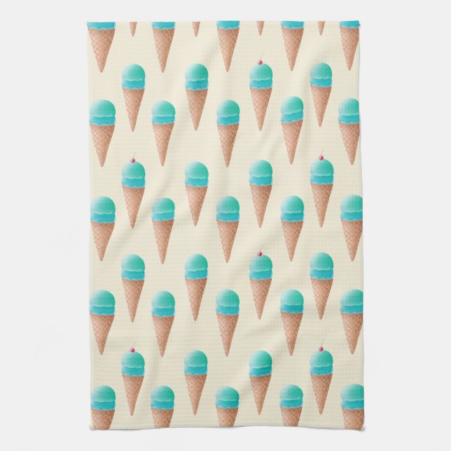 Blue Ice Cream Cone Pattern, Light Yellow Tea Towel (Vertical)