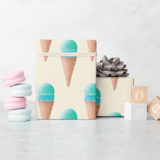 Blue Ice Cream Cone Pattern, Light Yellow Wrapping Paper (Baby Shower)