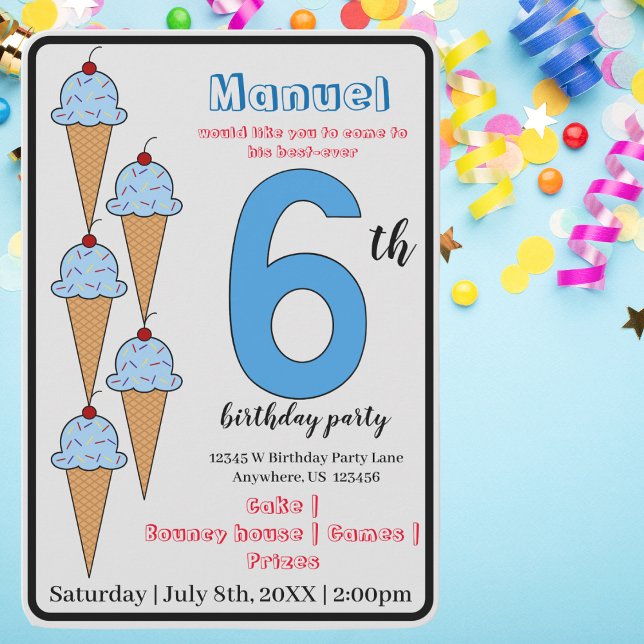 Blue Ice Cream Cones 6th Birthday Party Kids Invitation (Creator Uploaded)