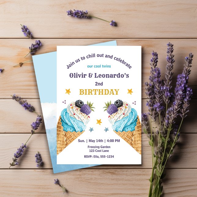 Blue Ice Cream Scoops For Two Boys Birthday Twins Invitation (Creator Uploaded)