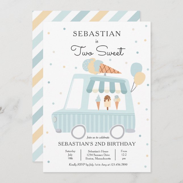 Blue Ice Cream Truck Two Sweet 2nd Birthday Party Invitation (Front/Back)