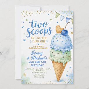 Blue Ice Cream Two Scoops Twin Boys Birthday Invitation