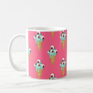 Blue ice cream with eyes. Pink background. Seamles Coffee Mug