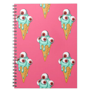 Blue ice cream with eyes. Pink background. Seamles Notebook