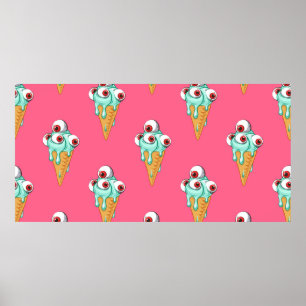 Blue ice cream with eyes. Pink background. Seamles Poster