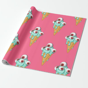 Blue ice cream with eyes. Pink background. Seamles Wrapping Paper