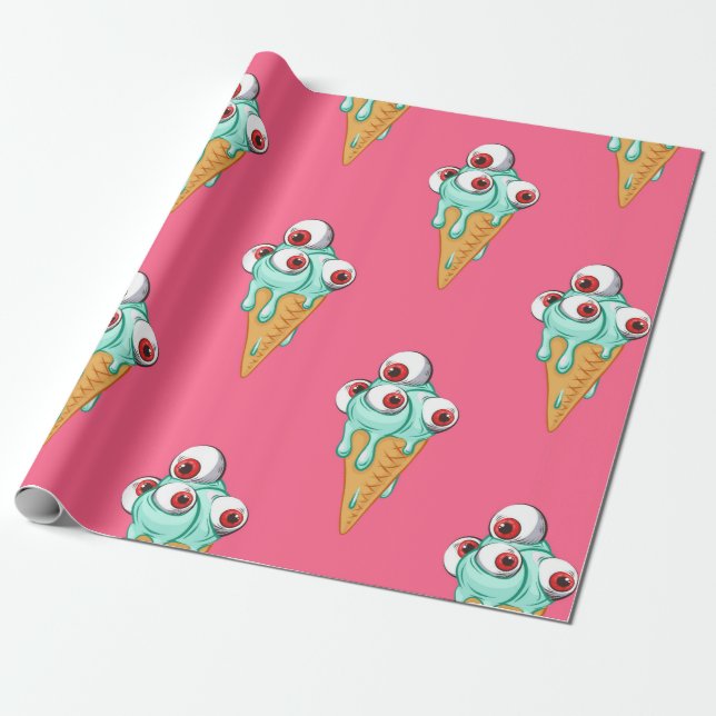 Blue ice cream with eyes. Pink background. Seamles Wrapping Paper (Unrolled)