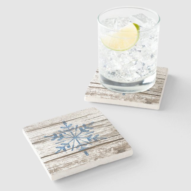 Blue Ice Crystal on Faux Weathered Wood Texture Stone Coaster (Side)