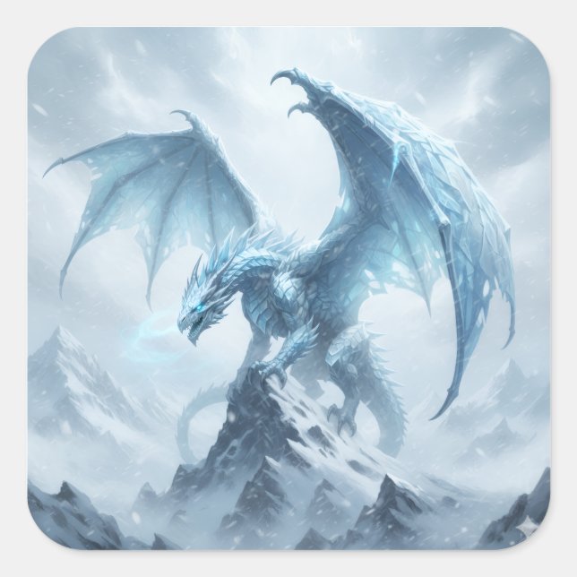 Blue Ice Dragon On A Mountaintop Square Sticker (Front)