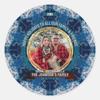 Blue Ice Geometry Custom Photo Holiday Greetings Classic Round Sticker