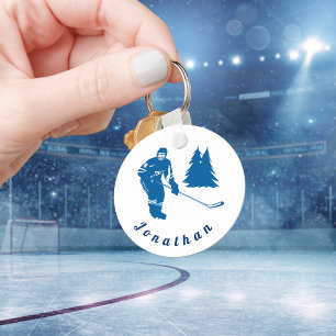 Blue Ice Hockey Player Custom Name Winter Sport   Key Ring