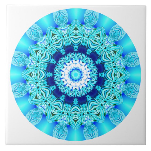 Blue Ice Lace Mandala, Abstract Aqua Ceramic Tile (Front)