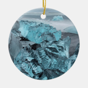 Blue ice on beach seascape, Iceland Ceramic Tree Decoration