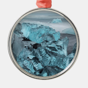 Blue ice on beach seascape, Iceland Metal Ornament