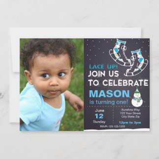 Blue Ice Skates Birthday Invitation with photo
