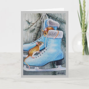 Blue Ice Skates & Mice Holiday Home Watercolor Art Card