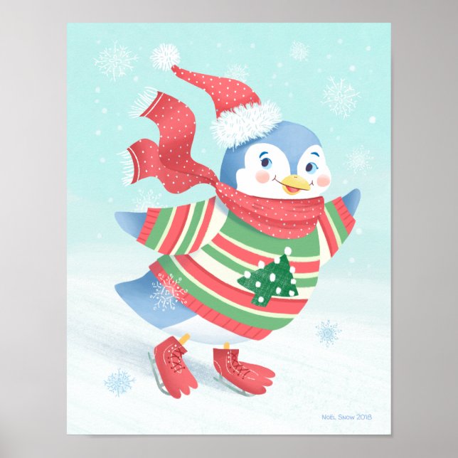 Blue Ice Skating Penguin Art Print (Front)