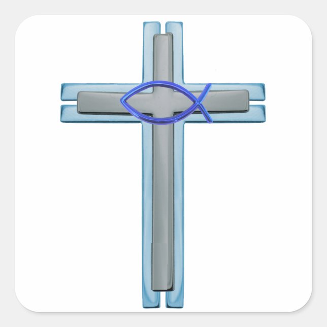 Blue Ichthus Cross Square Sticker (Front)