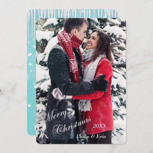 Blue Icicle Snow Modern Christmas Holiday Card (Front/Back)