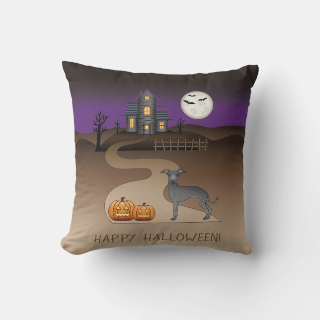 Blue Iggy Cute Dog And Halloween Haunted House Cushion (Front)