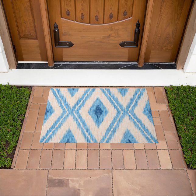 Blue Ikat Diamond Weave Pattern Doormat (Outdoor)