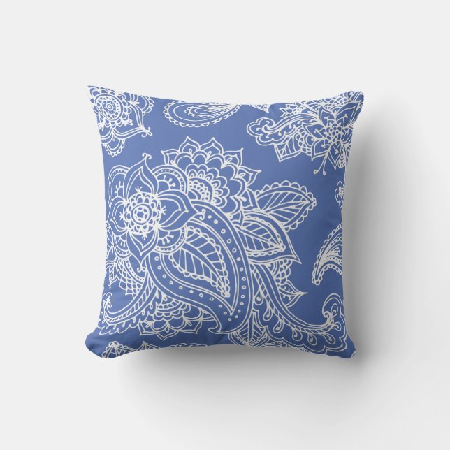 Blue Illustrated Bohemian Paisley Henna Cushion (Front)