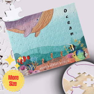 Blue Illustrated Ocean Personalised Minimalist Jigsaw Puzzle