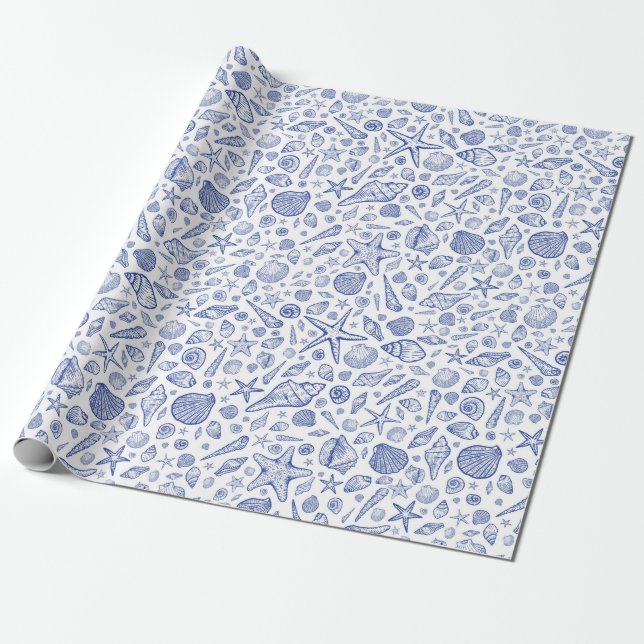 Blue Illustrated Seashell Ocean Wrapping Paper (Unrolled)