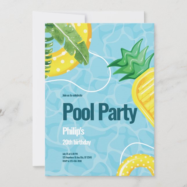 Blue Illustrative Pool Birthday Party Invitation (Front)