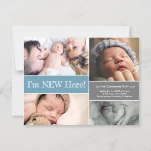 Blue I'm New Here baby boy photo collage Custom Magnetic Invitation
