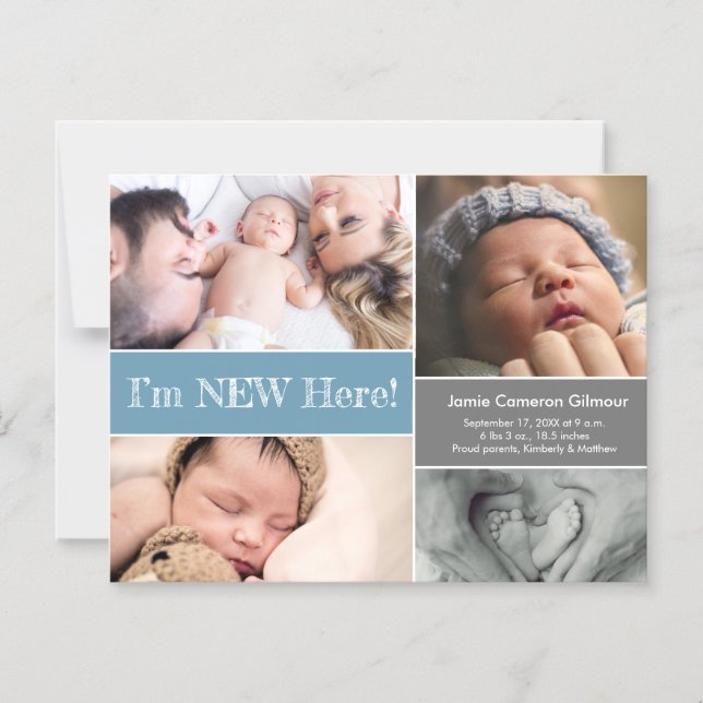 Blue I'm New Here baby boy photo collage Custom Magnetic Invitation (Front)