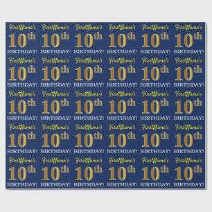 Blue, Imitation Gold Look "10th BIRTHDAY" Wrapping Paper