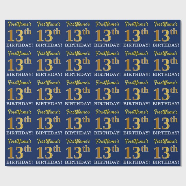 Blue, Imitation Gold Look "13th BIRTHDAY" Wrapping Paper (Flat)