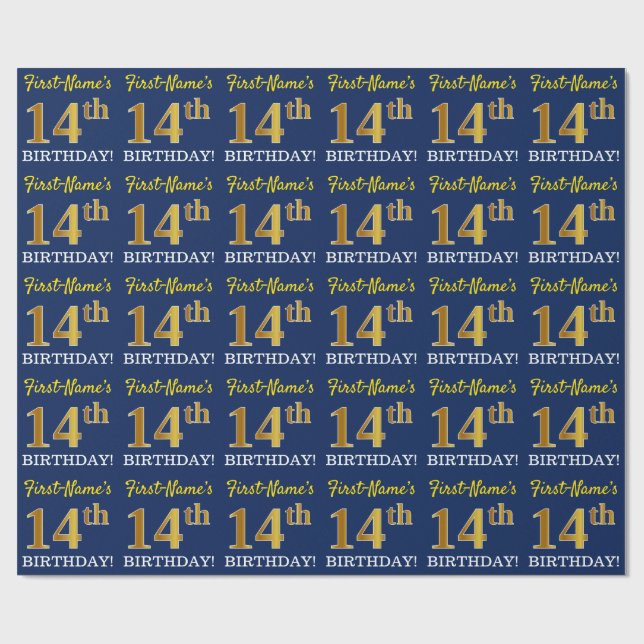 Blue, Imitation Gold Look "14th BIRTHDAY" Wrapping Paper (Flat)