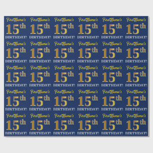 Blue, Imitation Gold Look "15th BIRTHDAY" Wrapping Paper