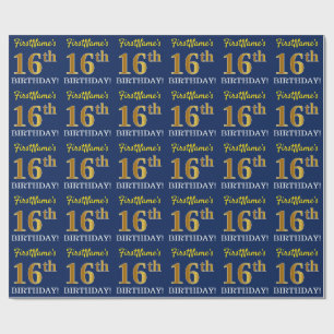 Blue, Imitation Gold Look "16th BIRTHDAY" Wrapping Paper