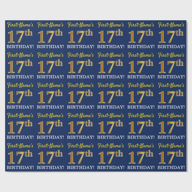 Blue, Imitation Gold Look "17th BIRTHDAY" Wrapping Paper (Flat)