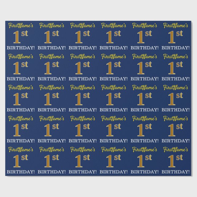 Blue, Imitation Gold Look "1st BIRTHDAY" Wrapping Paper (Flat)