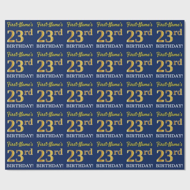 Blue, Imitation Gold Look "23rd BIRTHDAY" Wrapping Paper (Flat)