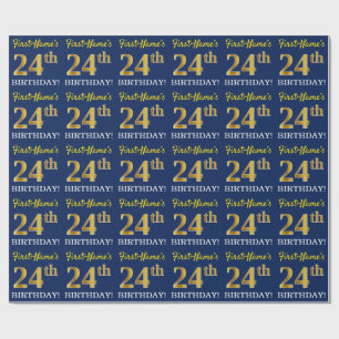 Blue, Imitation Gold Look "24th BIRTHDAY" Wrapping Paper