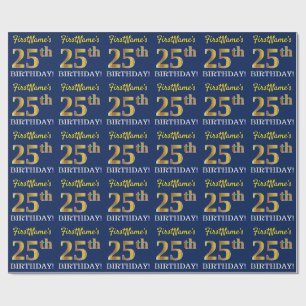 Blue, Imitation Gold Look "25th BIRTHDAY" Wrapping Paper