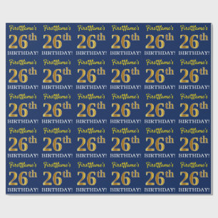 Blue, Imitation Gold Look "26th BIRTHDAY" Wrapping Paper