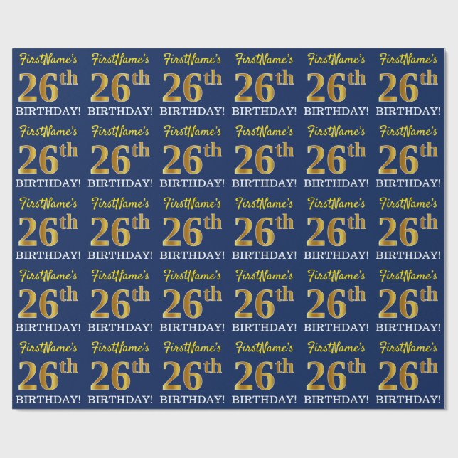 Blue, Imitation Gold Look "26th BIRTHDAY" Wrapping Paper (Flat)