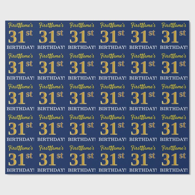 Blue, Imitation Gold Look "31st BIRTHDAY" Wrapping Paper (Flat)