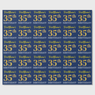 Blue, Imitation Gold Look "35th BIRTHDAY" Wrapping Paper