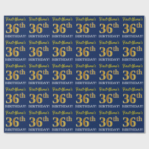 Blue, Imitation Gold Look "36th BIRTHDAY" Wrapping Paper
